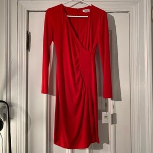 CALVIN KLEIN V Neck Wrap Long Sleeve Dress